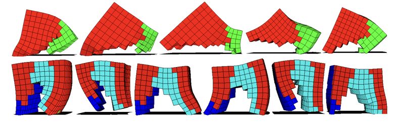 Two rows of evolved soft-bodied virtual creatures built from red, green, light blue and dark blue voxels, caught in successive frames of their movement