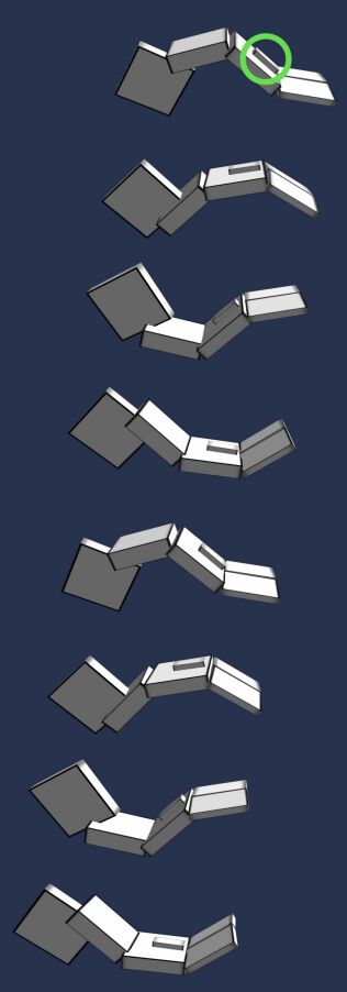 Frames of an evolved virtual creature made of grey hinged blocks moving across a dark blue background, with one joint circled in green